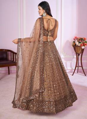 BROWN SEQUINS THREAD ZARI EMBROIDERED SOFT NET SEMI STITCHED LEHENGA CHOLI 6