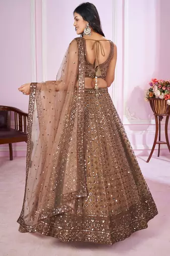 BROWN SEQUINS THREAD ZARI EMBROIDERED SOFT NET SEMI STITCHED LEHENGA CHOLI