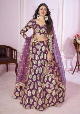 PURPLE SEQUINS THREAD EMBROIDERED GEORGETTE SEMI STITCHED LEHENGA CHOLI 1