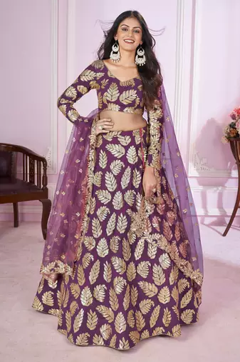 PURPLE SEQUINS THREAD EMBROIDERED GEORGETTE SEMI STITCHED LEHENGA CHOLI