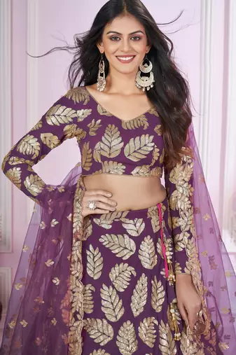 PURPLE SEQUINS THREAD EMBROIDERED GEORGETTE SEMI STITCHED LEHENGA CHOLI