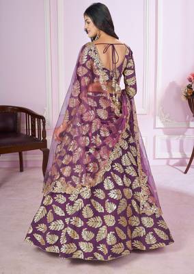 PURPLE SEQUINS THREAD EMBROIDERED GEORGETTE SEMI STITCHED LEHENGA CHOLI 4