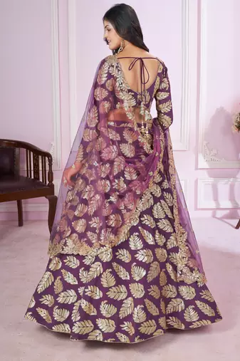PURPLE SEQUINS THREAD EMBROIDERED GEORGETTE SEMI STITCHED LEHENGA CHOLI