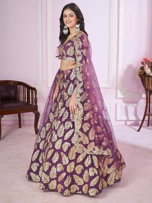 PURPLE SEQUINS THREAD EMBROIDERED GEORGETTE SEMI STITCHED LEHENGA CHOLI 5