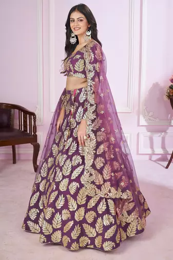 PURPLE SEQUINS THREAD EMBROIDERED GEORGETTE SEMI STITCHED LEHENGA CHOLI