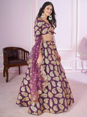 PURPLE SEQUINS THREAD EMBROIDERED GEORGETTE SEMI STITCHED LEHENGA CHOLI 6