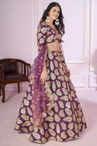 PURPLE SEQUINS THREAD EMBROIDERED GEORGETTE SEMI STITCHED LEHENGA CHOLI