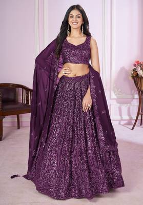 PURPLE SEQUINS THREAD EMBROIDERED GEORGETTE SEMI STITCHED LEHENGA CHOLI 1