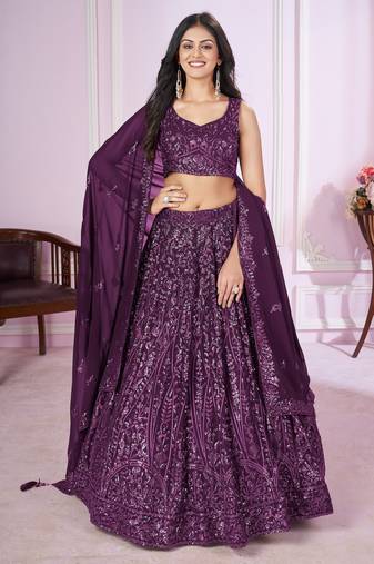 PURPLE SEQUINS THREAD EMBROIDERED GEORGETTE SEMI STITCHED LEHENGA CHOLI