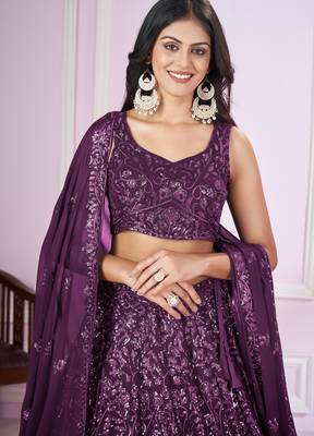 PURPLE SEQUINS THREAD EMBROIDERED GEORGETTE SEMI STITCHED LEHENGA CHOLI 3