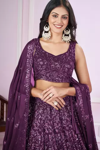 PURPLE SEQUINS THREAD EMBROIDERED GEORGETTE SEMI STITCHED LEHENGA CHOLI