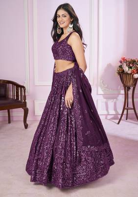 PURPLE SEQUINS THREAD EMBROIDERED GEORGETTE SEMI STITCHED LEHENGA CHOLI 4