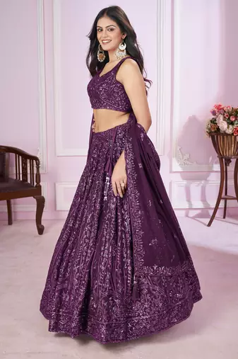PURPLE SEQUINS THREAD EMBROIDERED GEORGETTE SEMI STITCHED LEHENGA CHOLI