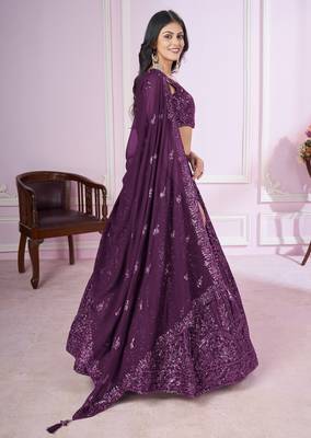 PURPLE SEQUINS THREAD EMBROIDERED GEORGETTE SEMI STITCHED LEHENGA CHOLI 5