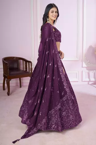 PURPLE SEQUINS THREAD EMBROIDERED GEORGETTE SEMI STITCHED LEHENGA CHOLI