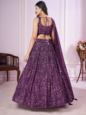 PURPLE SEQUINS THREAD EMBROIDERED GEORGETTE SEMI STITCHED LEHENGA CHOLI 6