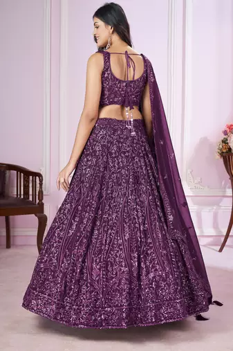 PURPLE SEQUINS THREAD EMBROIDERED GEORGETTE SEMI STITCHED LEHENGA CHOLI