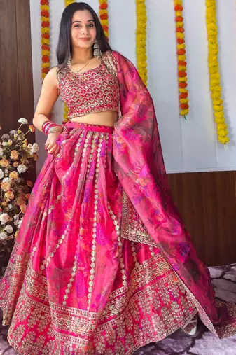 RANI PINK ZARI SEQUINS EMBROIDEREY FLORAL PRINTED ORGANZA LEHENGA CHOLI