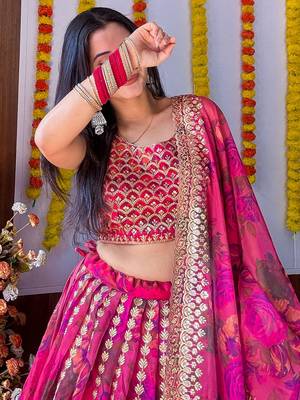 RANI PINK ZARI SEQUINS EMBROIDEREY FLORAL PRINTED ORGANZA LEHENGA CHOLI 3