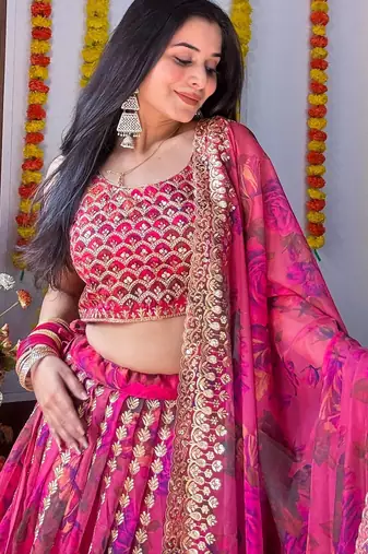 RANI PINK ZARI SEQUINS EMBROIDEREY FLORAL PRINTED ORGANZA LEHENGA CHOLI