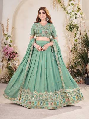 PISTA GREEN SEQUINS THREAD EMBROIDERED GEORGETTE SEMI STITCHED LEHENGA 1
