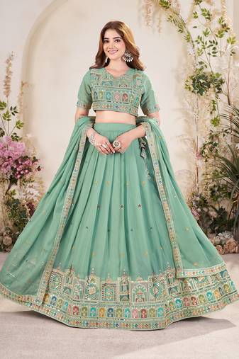 PISTA GREEN SEQUINS THREAD EMBROIDERED GEORGETTE SEMI STITCHED LEHENGA