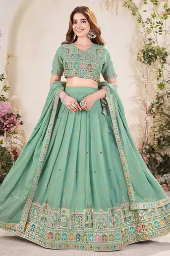 PISTA GREEN SEQUINS & THREAD EMBROIDERED GEORGETTE DESIGNER WEDDING PARTY WEAR FESTIVAL SEMI STITCHED LEHENGA