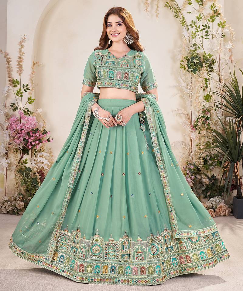PISTA GREEN SEQUINS & THREAD EMBROIDERED GEORGETTE DESIGNER WEDDING PARTY WEAR FESTIVAL SEMI STITCHED LEHENGA