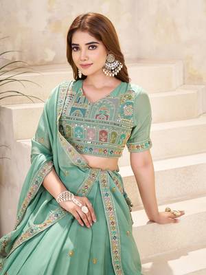 PISTA GREEN SEQUINS THREAD EMBROIDERED GEORGETTE SEMI STITCHED LEHENGA 3
