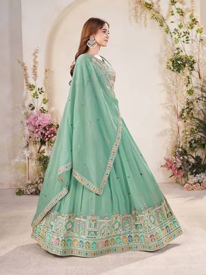 PISTA GREEN SEQUINS THREAD EMBROIDERED GEORGETTE SEMI STITCHED LEHENGA 4