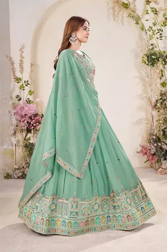 PISTA GREEN SEQUINS THREAD EMBROIDERED GEORGETTE SEMI STITCHED LEHENGA