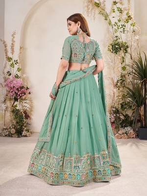 PISTA GREEN SEQUINS THREAD EMBROIDERED GEORGETTE SEMI STITCHED LEHENGA 5