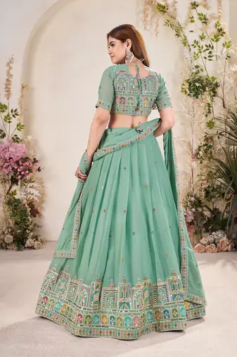 PISTA GREEN SEQUINS THREAD EMBROIDERED GEORGETTE SEMI STITCHED LEHENGA