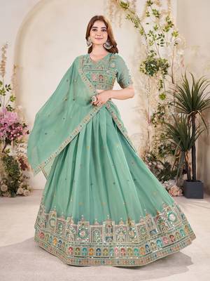 PISTA GREEN SEQUINS THREAD EMBROIDERED GEORGETTE SEMI STITCHED LEHENGA 6