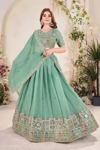 PISTA GREEN SEQUINS THREAD EMBROIDERED GEORGETTE SEMI STITCHED LEHENGA