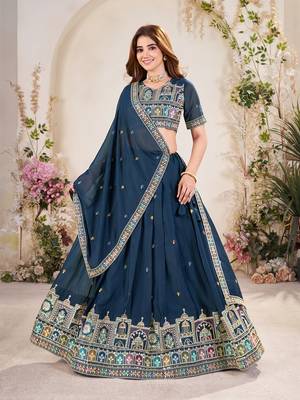 TEAL BLUE SEQUINS THREAD EMBROIDERED GEORGETTE SEMI STITCHED LEHENGA 1