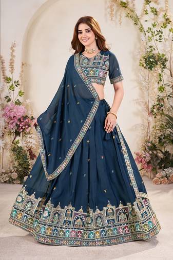 TEAL BLUE SEQUINS THREAD EMBROIDERED GEORGETTE SEMI STITCHED LEHENGA