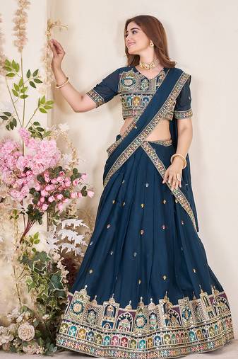 TEAL BLUE SEQUINS & THREAD EMBROIDERED GEORGETTE DESIGNER WEDDING PARTY WEAR FESTIVAL SEMI STITCHED LEHENGA