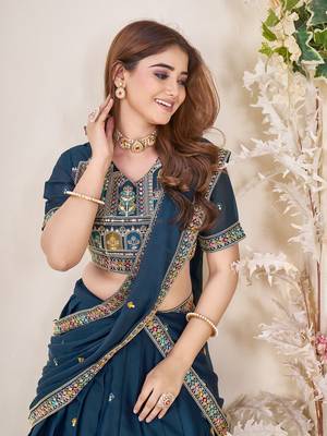 TEAL BLUE SEQUINS THREAD EMBROIDERED GEORGETTE SEMI STITCHED LEHENGA 3