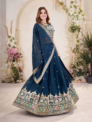 TEAL BLUE SEQUINS THREAD EMBROIDERED GEORGETTE SEMI STITCHED LEHENGA 4