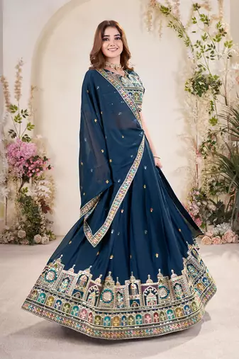 TEAL BLUE SEQUINS THREAD EMBROIDERED GEORGETTE SEMI STITCHED LEHENGA