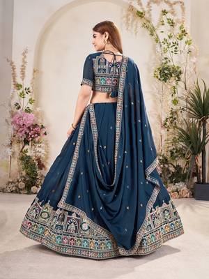 TEAL BLUE SEQUINS THREAD EMBROIDERED GEORGETTE SEMI STITCHED LEHENGA 5