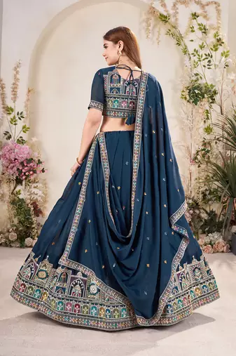 TEAL BLUE SEQUINS THREAD EMBROIDERED GEORGETTE SEMI STITCHED LEHENGA