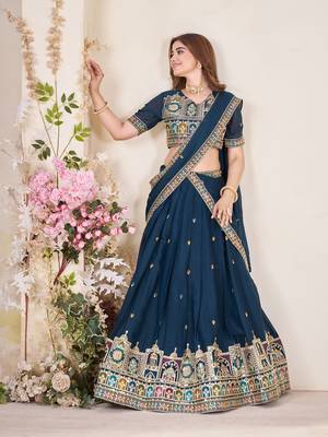 TEAL BLUE SEQUINS THREAD EMBROIDERED GEORGETTE SEMI STITCHED LEHENGA 6