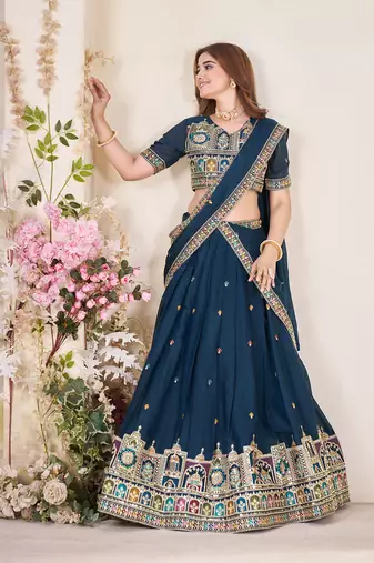 TEAL BLUE SEQUINS THREAD EMBROIDERED GEORGETTE SEMI STITCHED LEHENGA