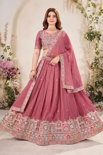 PASTEL PINK SEQUINS THREAD EMBROIDERED GEORGETTE SEMI STITCHED LEHENGA
