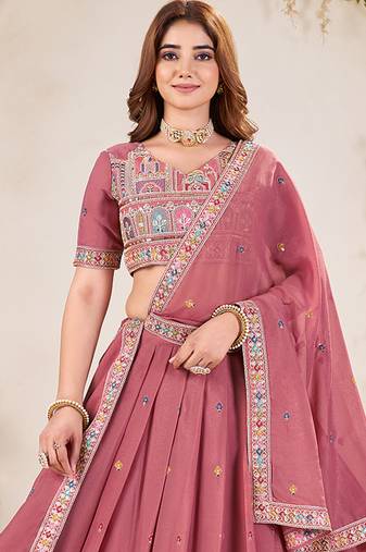 PASTEL PINK SEQUINS THREAD EMBROIDERED GEORGETTE SEMI STITCHED LEHENGA
