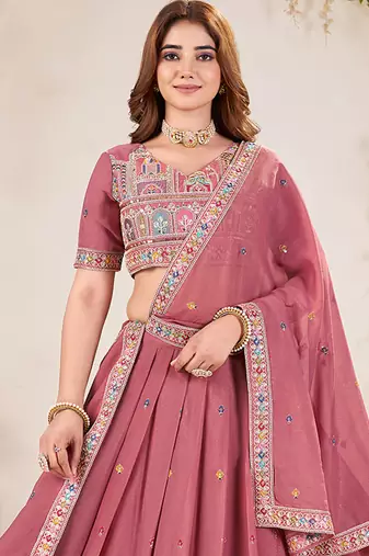 PASTEL PINK SEQUINS THREAD EMBROIDERED GEORGETTE SEMI STITCHED LEHENGA