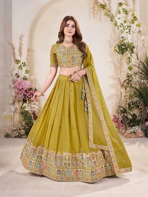 YELLOW SEQUINS THREAD EMBROIDERED GEORGETTE SEMI STITCHED LEHENGA 1