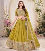 YELLOW SEQUINS THREAD EMBROIDERED GEORGETTE SEMI STITCHED LEHENGA